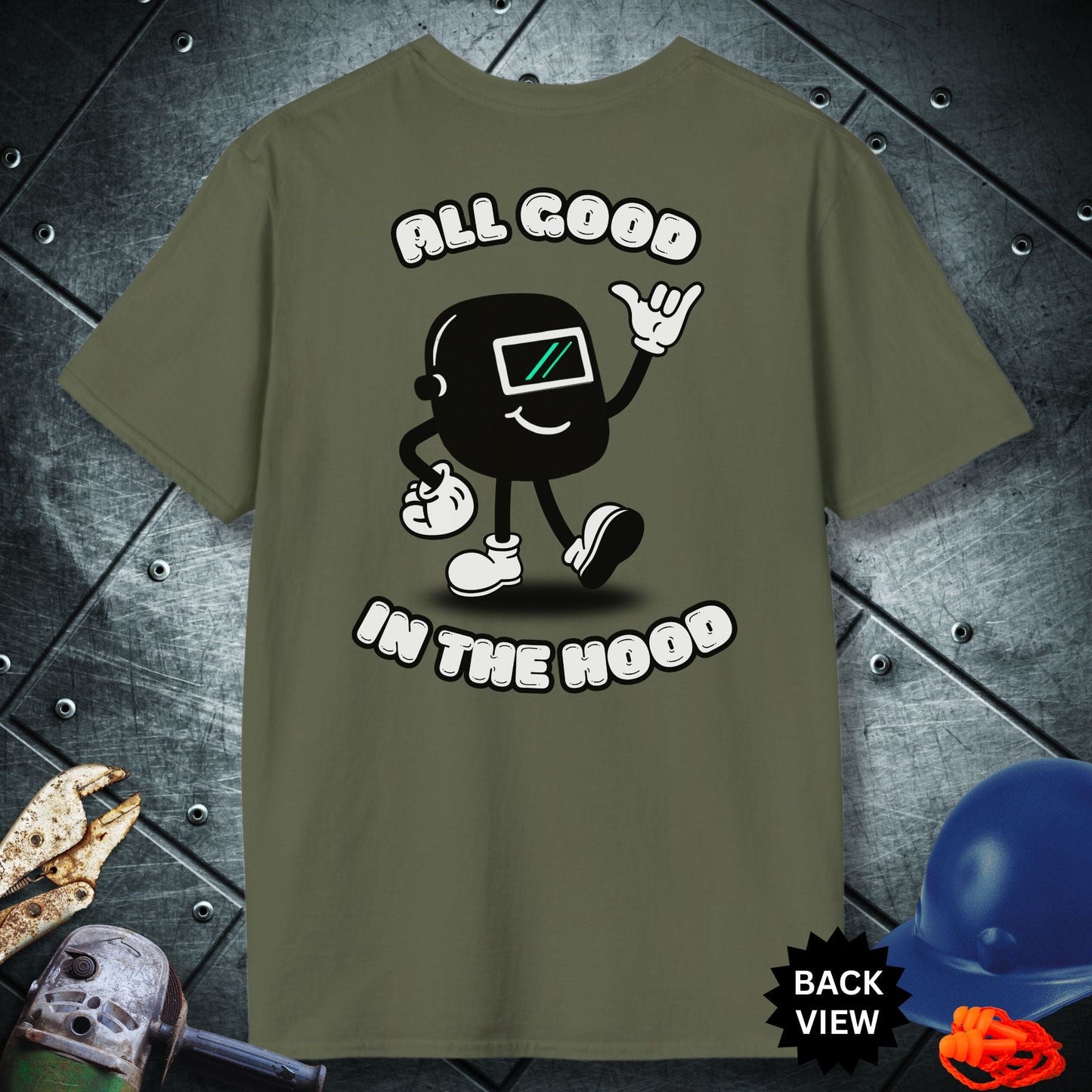Military Green t-shirt with a graphic design and text 'All Good in the Hood' on a metallic surface.
